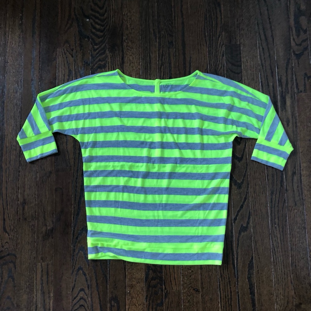 LOFT Women’s M Fluorescent Yellow/Gray 1/2 Sleeved Strped Crewneck Top - VGUC!
